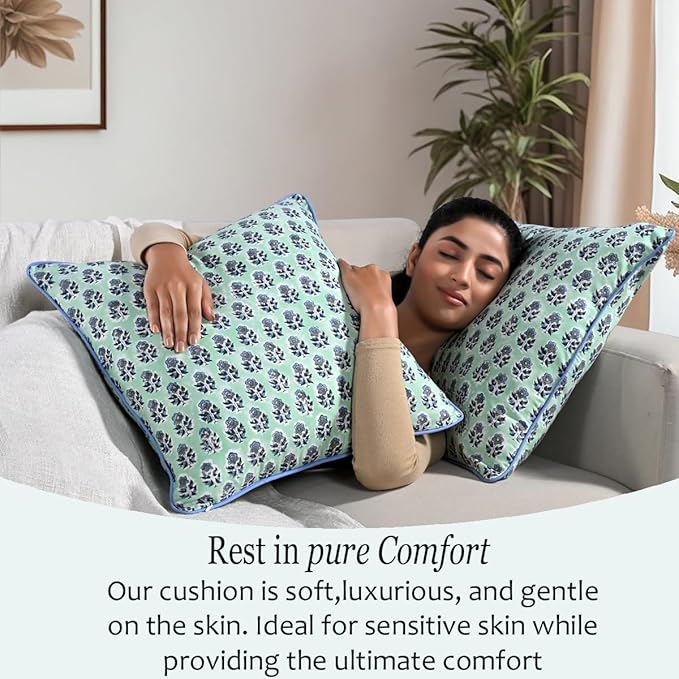 CPC 100% Cotton Throw Pillow Covers 20x20 Inch, Set of 2 Blue Block Print Pattern Couch Pillow, Cute Boho Decorative Pillows for Living Room, Bedroom with Hidden Zipper- Poppy Blue