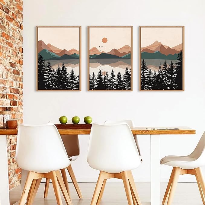 KAIRNE Mountain Framed Canvas Wall Art, Mid Century Modern Decor, Boho Wall Art Painting, Lake Pines Tree Sunset Nature Landscape Art Print for Living Room, Bedroom, Office, Dining Room- 16"x24"x3
