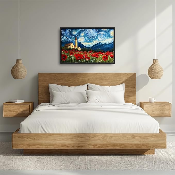 Starry Night Framed Wall Art for Living Room, Large Poppies Canvas Wall Decor, Vintage Red Flowers Pictures Painting, Modern Landscape Artwork for Bathroom Bedroom 36L'' × 24W''