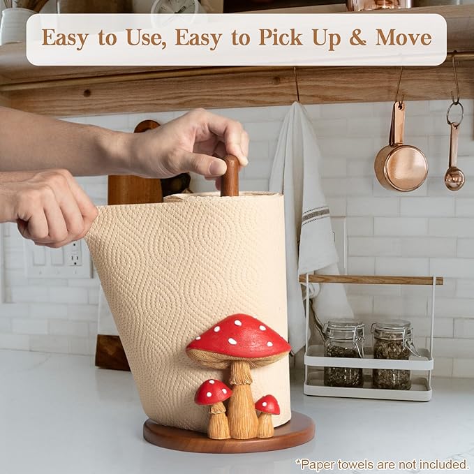 Mushroom Paper Towel Holder - Cottagecore Decor Mushroom Kitchen Home Cottagecore Accessories Cute Stuff, Unique Wood Paper Towel Holder Stand Kitchen Countertop 12.5×7 in
