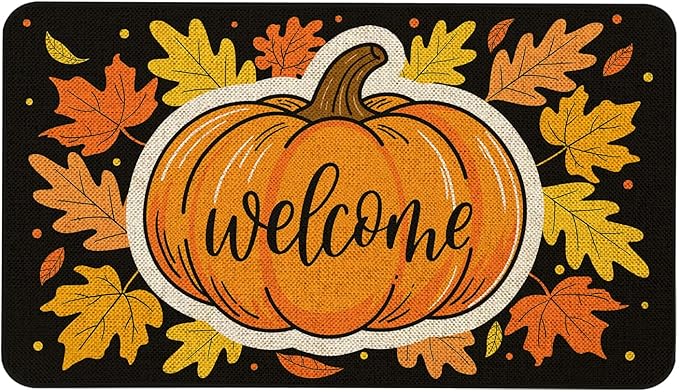 Fall Welcome Doormat 30x17 Inch Fall Pumpkin Front Door Mat Indoor Outdoor Entrance Floor Mats Non-Slip Washable Seasonal Autumn Thanksgiving Home Decor Rugs