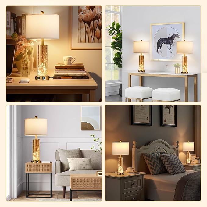 25.6" Gold Table Lamps Set of 2, Tall Bedside Lamps with Nightlight, Modern Nightstand Lamp with USB Ports, Desk Lamp for Bedroom, Living Room, Office, LED Bulbs Included W01TL05