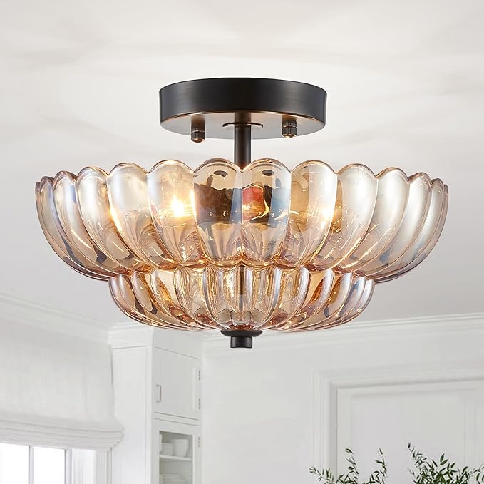 XINGQI Modern Ceiling 3-Light Amber Glass Semi Flush Mount Ceiling Light Fixture Small Close to Chandelier for Living Room Dining Room Bedroom Entryway Hallway