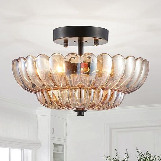 XINGQI Modern Ceiling 3-Light Amber Glass Semi Flush Mount Ceiling Light Fixture Small Close to Chandelier for Living Room Dining Room Bedroom Entryway Hallway
