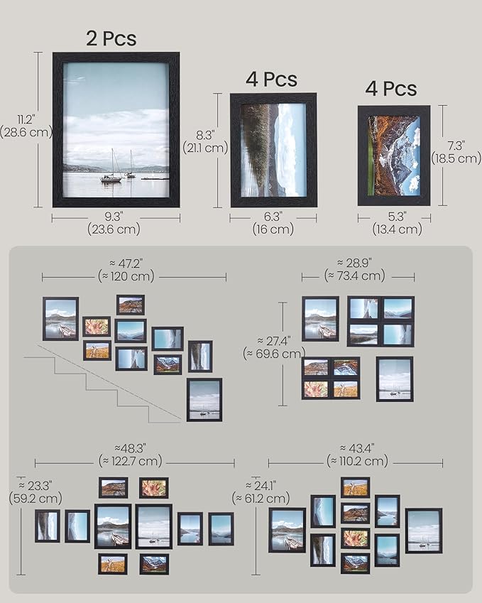 SONGMICS Picture Frames, Collage Picture Frames Set of 10, Two 8x10, Four 5x7, Four 4x6, Photo Frame for Wall Gallery Decor, Table Display, Glass, Ink Black URPF10B