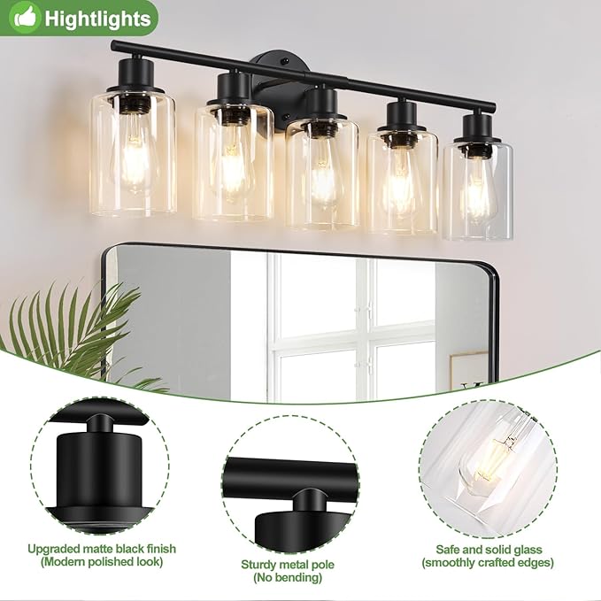 5-Light Bathroom Light Fixtures, Black Modern Vanity Lights with Clear Glass Shade, Bathroom Wall Lamp for Mirror Kitchen Living Room Hallway Cabinet Porch
