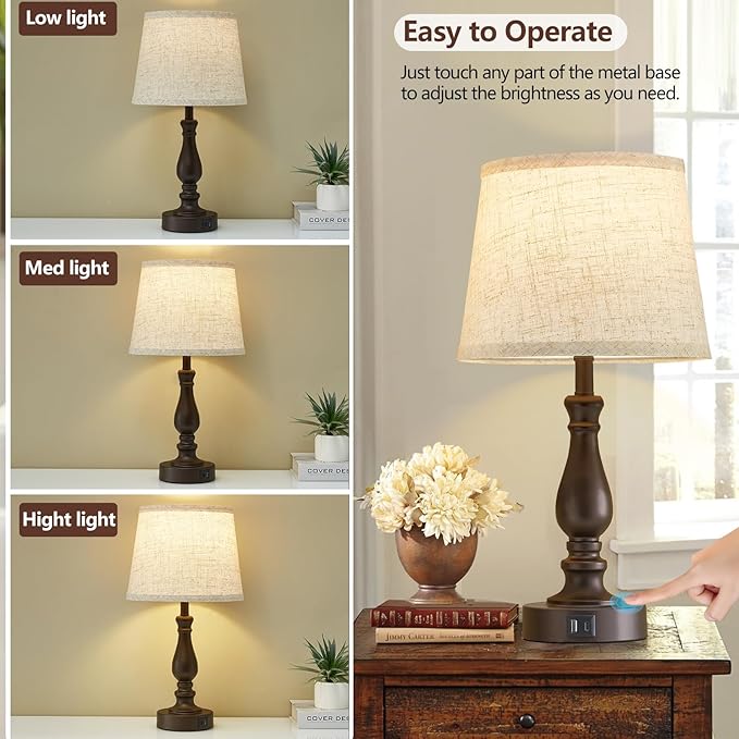 Table Lamps for Bedrooms Set of 2 - Touch Bedside Lamps with USB C+A Ports - 3 Way Dimmable Nightstand Lamps for End Tables Farmhouse Night Stand Lamps for Living Room Bed Side Guest Room