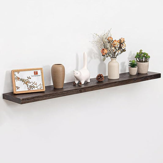 Fun Memories Wood Floating Shelves for Wall, 48 Inch Floating Shelves Wall Mounted, Rustic Elm Wood Shelf for Home Decor, Heavy-Duty Storage Shelves for Living Room, Bathroom, Kitchen, Walnut Finish