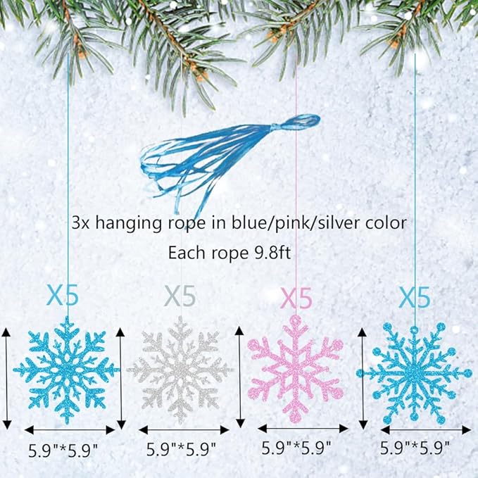 Winter Snowflake Hanging Ornaments Decors, Frozen Snowflakes Ceiling Streamers Sparkly Snow Decor for Christmas Birthday Winter Wonderland New Year, Glitter Pink Blue Sliver Snowflake Garland