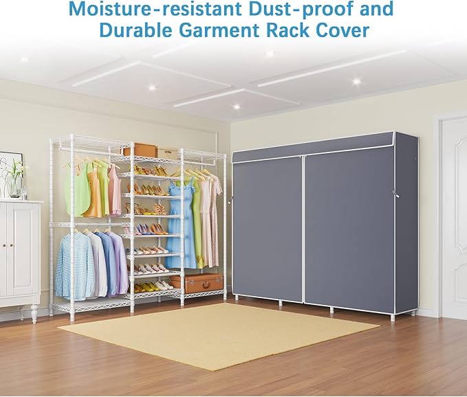VIPEK S3C Heavy Duty Portable Closet, Adjustable Shoe Rack Wire Shelf, Large Wardrobe Organizer for Bedroom Storage, Freestanding Clothes Rack with Hanging Rod, Custom White Rack with Grey Cover