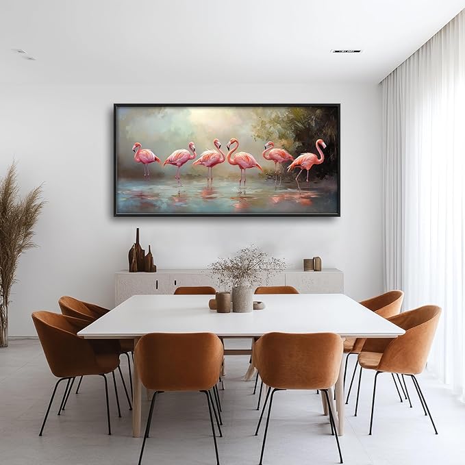 Flamingo Framed Wall Art for Living Room, Large Pink Birds Canvas Wall Decor, Animal Lake Pictures Painting, Modern Artwork for Bathroom Bedroom 60L'' × 30W''