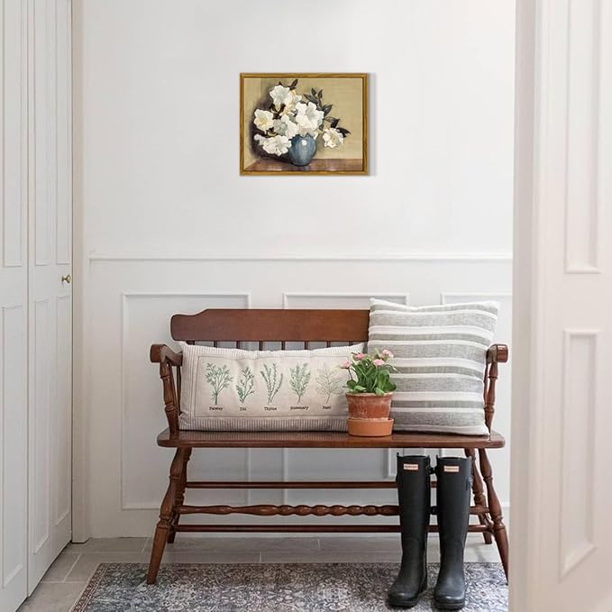 crmotu Floral Framed Wall Art, Still Life Azalea Botanical Prints, Vintage Vase White Flowers Canvas Pictures, Retro Wall Paintings for Living Room, Bedroom Kitchen Office Desktop Small Artwork 8x10in