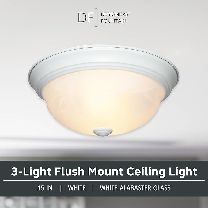 Designers Fountain 1257L-WH-AL Decorative 3-Light Flush Mount, White Finish with White Alabaster Glass, 15 in