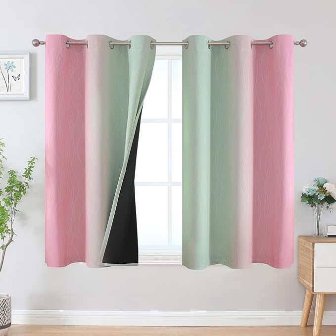 Estelar Textiler Pink and Sage Green Ombre Blackout Curtains 45 Inch Length 2 Panels, Full Room Darkening Gradient Drapes for Kitchen, Thermal Insulated Grommet Short Curtains for Bathroom, 42Wx45L