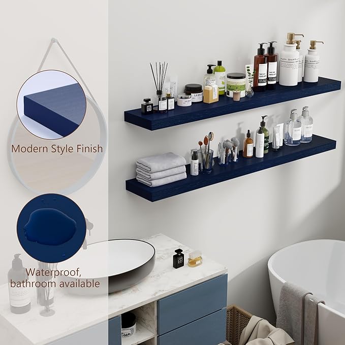 Dark Blue Floating Shelves 48 Inch, Solid Wooden Wall Shelves Set of 2, Rustic Floating Wall Shelves for Decor & Storage for Living Room Bedroom Bathroom