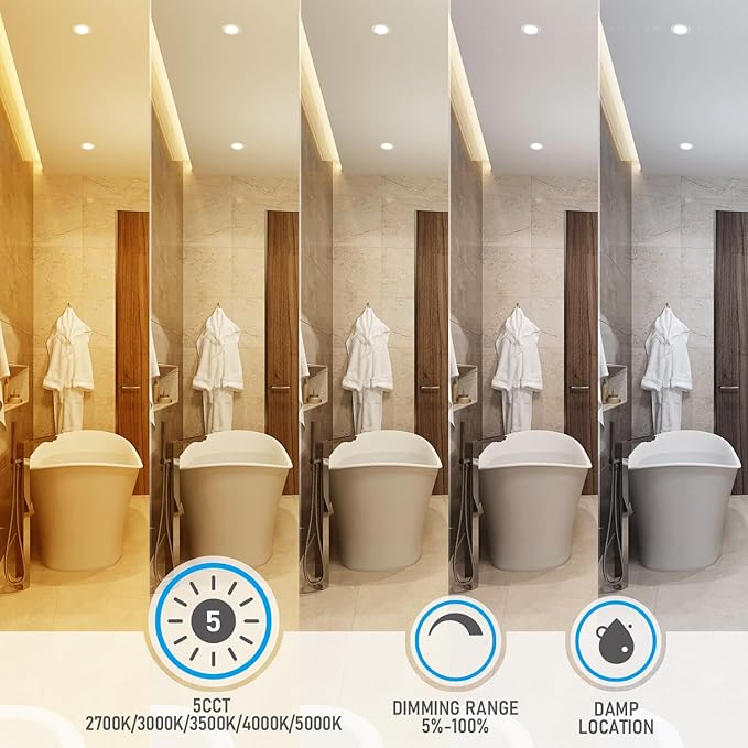 TORCHSTAR 12-Pack 5CCT 4 Inch Ultra-Thin LED Recessed Lighting with Junction Box, CRI90, Aluminum, 2700K3000K3500K4000K5000K, 5%-100% Dimmable Slim Recessed Downlight, 9W 810LM, ETL & ES