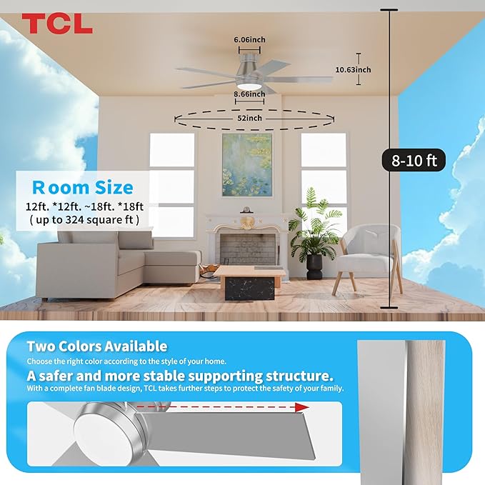 TCL 52" Silver Ceiling Fan with Light and Remote, Modern LED 3-Color, Quiet Motor for Bedroom, Living Room, Dining Room, Ceiling Fans with Lights (Silver)