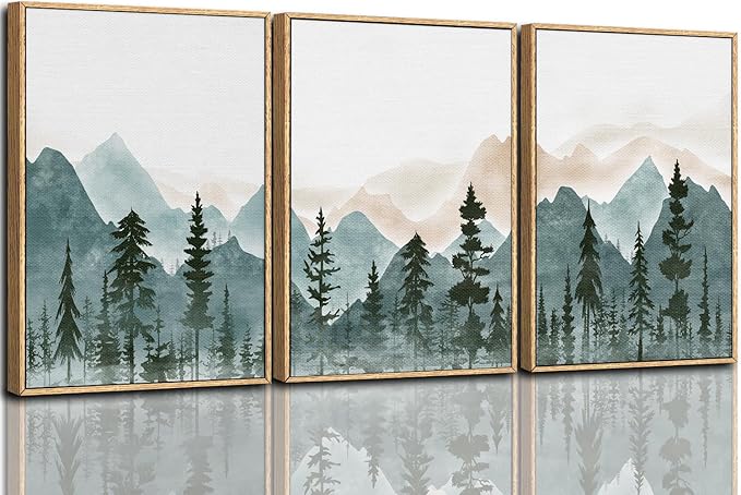 CHDITB Large Mountain Wall Art Set of 3, 24"x36" Framed Forest Woodland Wall Decor, Pine Tree Landscape Wall Painting, Nature Scenery Canvas Art Prints for Living Room, Bedroom, Office, Dining Room
