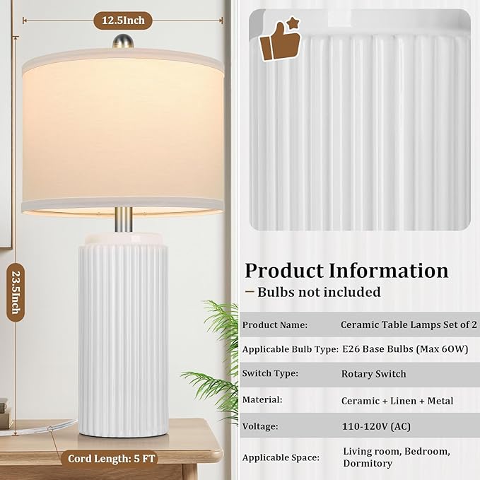 TOBUSA 23.5’’ Modern White Ceramic Lamps Set of 2, Living Room Retro Side Table Lamps, Farmhouse Bedside Nightstand White Lamps for Bedroom with Linen Shade, Elegant Decor Lamp Sets for Home Office