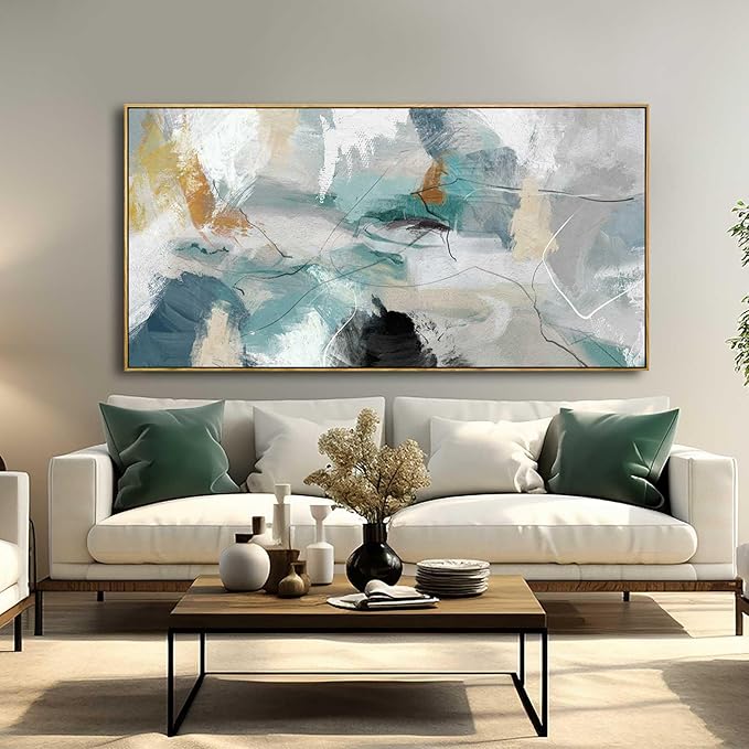 Wall Art Living Room Decorations 24"x48" Teal Wall Art Abstract Paintings Modern Framed Art Room Decor for Bedroom Kitchen Office
