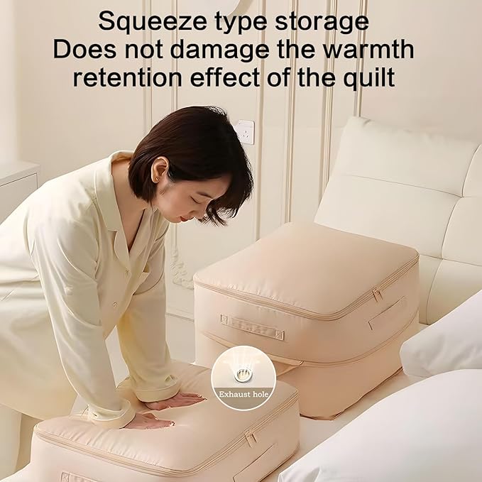 Atlodas Dustproof and Moisture-proof Compression Storage Bag, Ultra Space Saving Self Compression Organizer, Comforter Storage Bag, Folding Organizer bag for Bedding/Quilt, Space Saver (Beige, L)