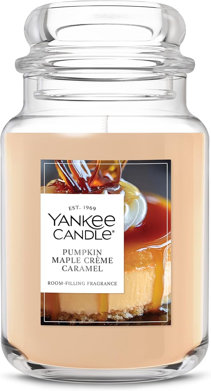Yankee Candle Large Jar Scented Candle with up to 150 Hour Burn Time, Premium Plant Wax Blend for Consistent Burn, 22 oz Jar Candle with Room Filling Fragrance, Pumpkin Maple Crème Caramel