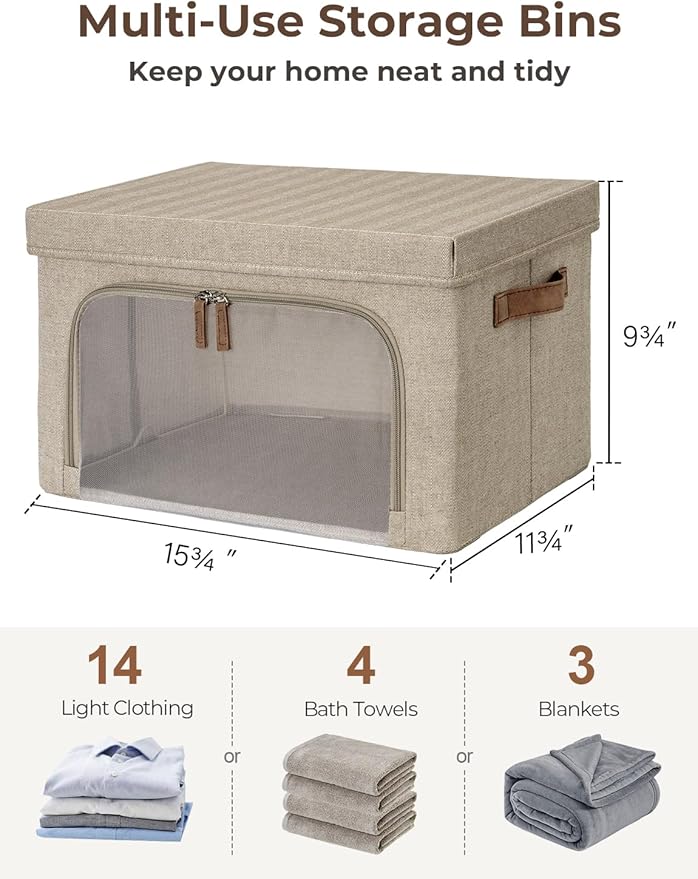 StorageWorks Storage Bins with Lids, Decorative Boxes with Clear Window for Clothes, Fabric Collapsible Baskets for Closet Organization, Medium, Brown, 3 Packs