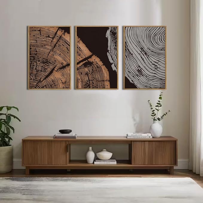 ANHUIB Tree Ring Wall Art 16x24 Inch Black Wall Painting Modern Wood Stump Wall Decor Neutral Minimalist Artprints Set of 3 for Living Room Bedroom Office