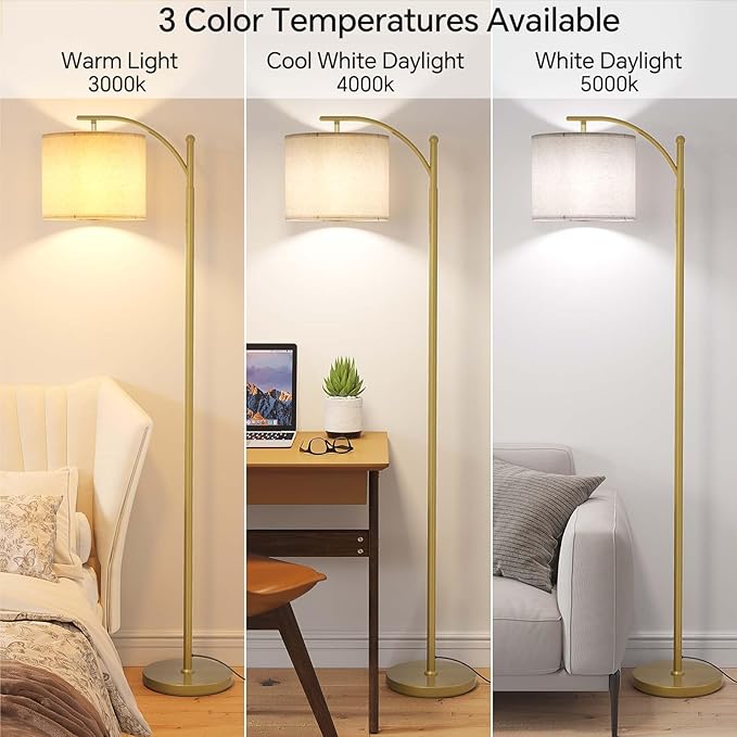SUNMORY Arc Floor Lamp,Modern Floor Lamp with 9W 3 Color Temperatures Bulb,Metal Standing Lamps with Adjustable Hanging Lampshade,Tall Floor Lamps for Living Room,Bedroom, Gold Without Remote
