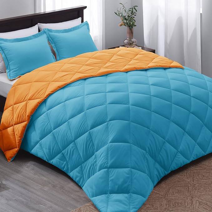 Basic Beyond King Size Comforter Set - Peacock Blue and Orange, Reversible for All Seasons - 1 Comforter (104"x92") and 2 Pillow Shams (20"x36"+2")