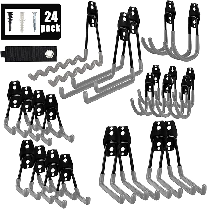 AOBEN Garage Hooks Heavy Duty Hooks for Garage Storage Wall Mount Garage Hanger & Organizer Hook (24PCS)-Gray