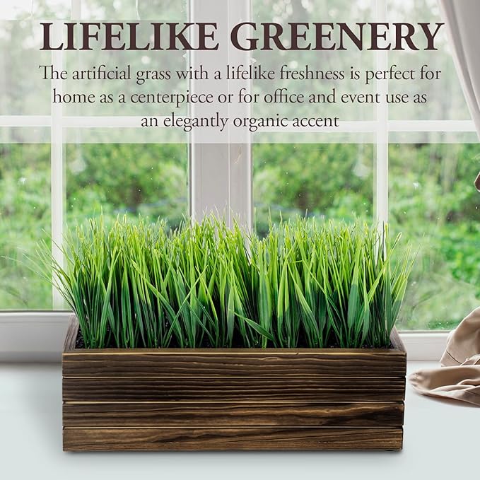 MyGift 14 Inch Artificial Green Grass Plant in Rustic Burnt Solid Wood Rectangular Crate Style Planter Box, Indoor Decor Faux Greenery in Decorative Wooden Container