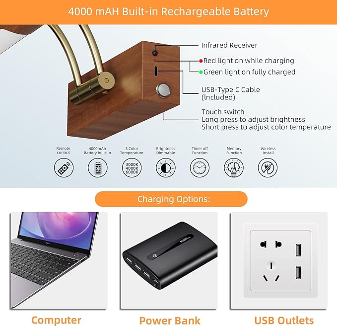 Wireless Picture Lights for Wall Rechargeable,16.14" Battery Operated Art Light for Paintings,3CCT Dimmable with Remote,Rotatable Gallery Light for Pictures Display,Wood Grain