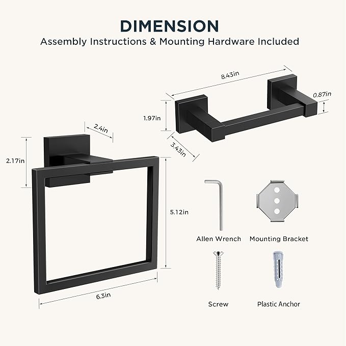 FORIOUS Toilet Paper Holder Set Wall Mount, SUS 304 Stainless Steel Pivoting Toilet Paper Holder and Towel Ring, Hand Towel Holder Set for Bathroom, Square Bathroom Hardware Set, Matte Black