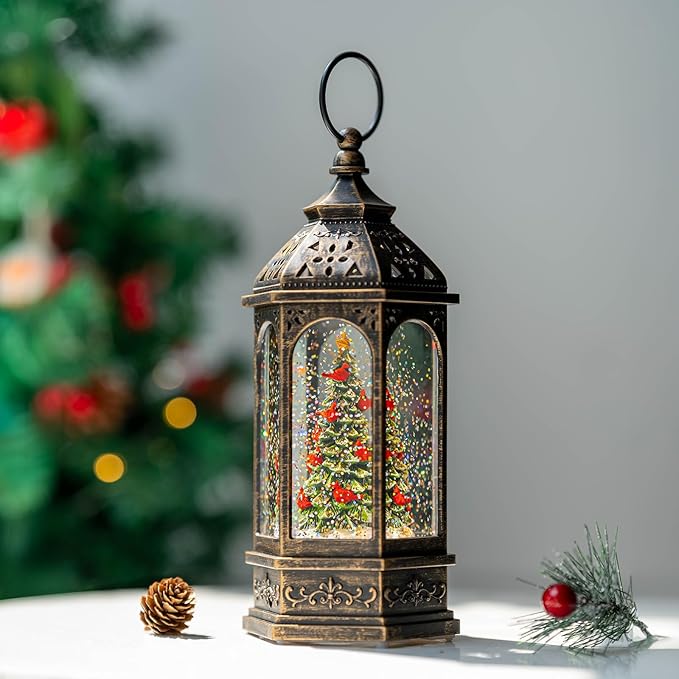 Christmas Snow Globe Lantern Water Glittering Christmas Tree with Cardinal, USB Lined/Battery Operated Lighted Lantern for Christmas Festival Decoration Gifts