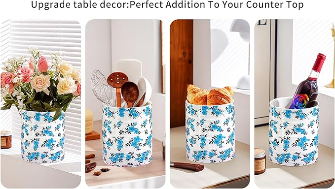 Kitchen Utensil Holder,7.2″Extra Large Stable Pattern Ceramic Utensil Crock,Utensil Organizer for Countertop,Kitchen Decor,Utensil Holder for Housewarming,Wedding Gift (Teal Blue)