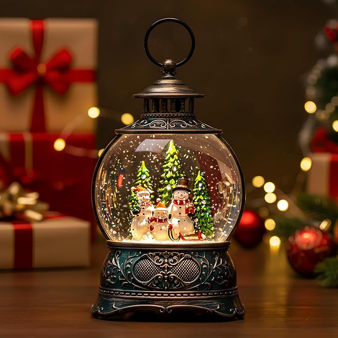 Christmas Snow Globe Snowman Family Lantern – Musical LED Water Globe, Swirling Glitter, 8 Holiday Carols, Auto Timer – Vintage Lighted Tabletop Decor & Gift