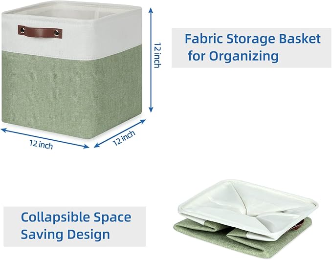 Temary Fabric Storage Bins for Organizing Clothes, Closet Baskets with Handles - Decorative Storage Boxes for Home (White & Green, 12 Inch, 4 Pack)