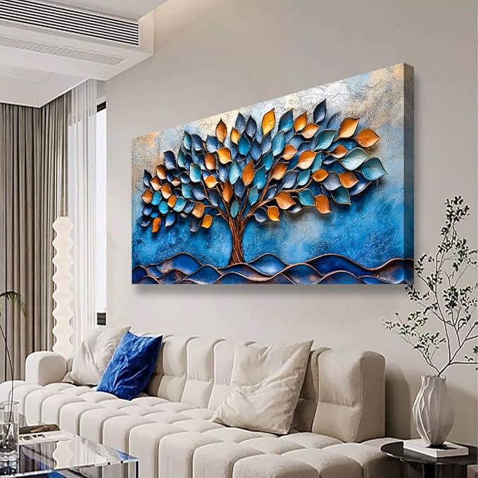 Tree of Life Pictures Canvas Wall Art for Living room Office Bedroom Wall Decor,Blue Leaf Wall Art Print Paintings Modern Autumn Blue Golden Scenery Artwork Waterproof Ready to Hang-20x40inch