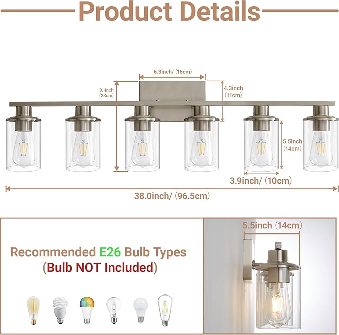 LOUSACE 6 Light Bathroom Vanity Light, Brushed Nickel Bathroom Light Fixtures, Modern Bathroom Lights over Mirror with Clear Glass Shade, Wall Vanity Lighting Fixtures for Bathroom Bedroom Living Room