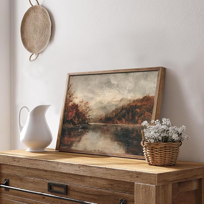 Uniro Vintage Wall Art Prints for Living Room, Farmhouse Lake Landscape Wall Decor, Rustic Country Fall Wall Decor Canvas Prints Vintage Autumn Oil Painting Vintage Art Pictures for Bedroom Bathroom Decor(8" x 10"-UNFRAMED)