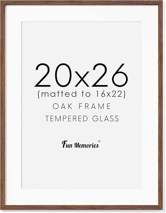 Fun Memories Rustic Oak Wood Picture Frames - 20x26 with Tempered Glass, Matted to 16x22 (Walnut, 1 Pack)