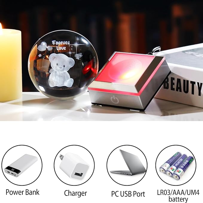 Ornalrist 3D Crystal Ball Engraved Bear and Forever Love Text with LED Base 3.15'' - Gifts for Woman, Girlfriend, Wife on Birthday, Valentine's Day Anniversary - Bear Figurine Collection Home Decor