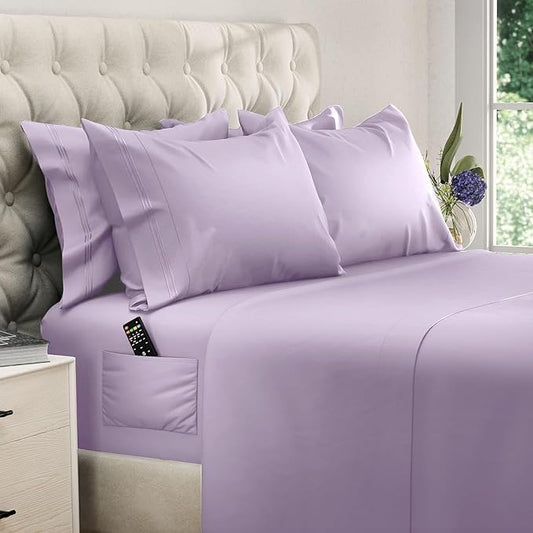 DREAMCARE King Size Sheets Set – 6 pcs Cooling Bed Sheets – up to 21” Deep Pocket King Sheet Set – 2500 Supreme Collection – Extra Soft 100% Brushed Microfiber Hotel Luxury with Side Pocket – Lavender