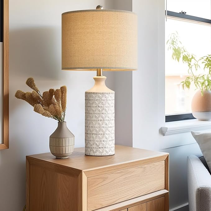 PoKat 24'' Lamps for Night Stands, Ceramic Table Lamps for Living Room, Modern Nightstand Lamps Set of 2, Bedroom Lamps for Bedside End Table, Bedroom, Living Room, White