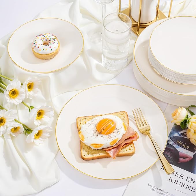 Nervure 100Pcs Ivory and Gold Plastic Plates - 7.5inch Disposable Ivory Dessert/Salad Plates - Heavy Duty Plastic Plate Ideal for Wedding & Party & Thanksgiving
