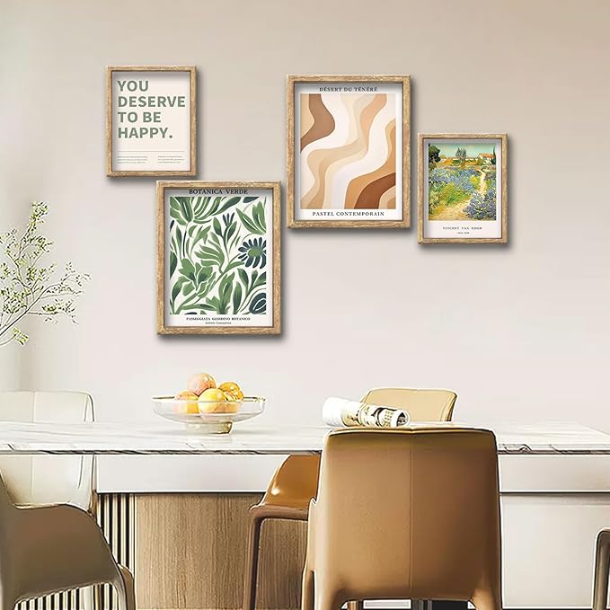 GUMEYJIA Modern Wall Art Print Set 4 Piece Wall Decor Collection Botanical Verde Desert Contemporary Van Gogh Garden Inspirational Quote Wood Frame (8"x10")