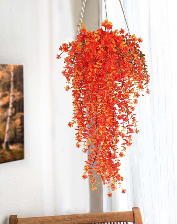 SJL Artificial Hanging Plants Pack of 4 Fall Faux Hanging Plants Artificial Decor Faux Eucalyptus Leaf Fake Autumn Plant Plastic Greenery Plant Flowers for Kitchen Bathroom Thanksgiving Decor(Gold)