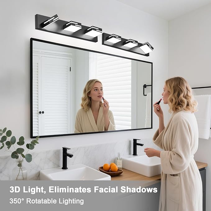 LED Modern Bathroom Vanity Light Fixtures, 3-Light 22-inch Dimmable Matte Black Vanity Lights for Bathroom Lighting Fixtures Over Mirror, with 350° Rotatable Acrylic Heads (Cool White 6000K)