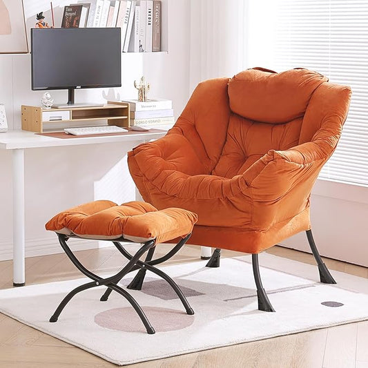 Lazy Chair with Ottoman, Modern Chair with Folding Footrest, Lounge Accent Chair, Comfortable Reading Chair, Oversized Armchairs for Bedroom, Study, Living Room, Courtyard (Velvet Orange)